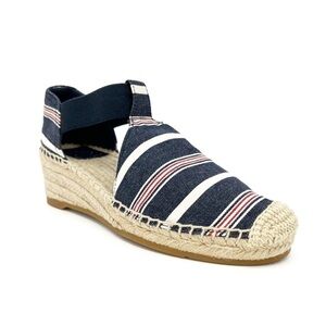Tory Burch Catalina 3 Wedge Espadrille Sandals Size 7 Blue Red White Stripes EUC